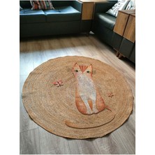 Kilim Home Boho 934 Jut Doğa Kedi Temalı Desenli Etnik Örgü Yuvarlak Natural Renk Çift Taraflı Halı