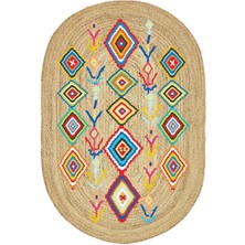 Kilim Home Boho 976 Jüt Hasır Etnik Desenli Oval Jüt Örme Hasır Natural Oval Halı