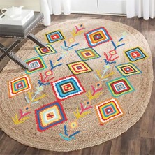 Kilim Home Boho 976 Jüt Hasır Etnik Desenli Oval Jüt Örme Hasır Natural Oval Halı