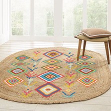 Kilim Home Boho 976 Jüt Hasır Etnik Desenli Oval Jüt Örme Hasır Natural Oval Halı