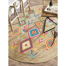 Kilim Home Boho 976 Jüt Hasır Etnik Desenli Oval Jüt Örme Hasır Natural Oval Halı