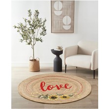 Kilim Home Boho 911 Jüt Doğa Iplik İle Üretilmiş Love Desenli Yuvarlak Natural Renk Çift Taraflı Halı