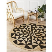 Kilim Home Boho 915 Geometrik Desen Baskılı Örgü Yuvarlak Natural Çift Taraflı Halı