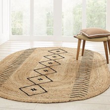 Kilim Home Boho 956 Oval Siyah Etnik Desenli Jüt Rengi Örgü Yuvarlak Natural Çift Taraflı Halı