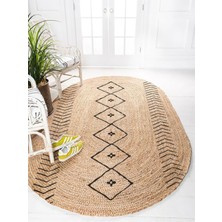 Kilim Home Boho 956 Oval Siyah Etnik Desenli Jüt Rengi Örgü Yuvarlak Natural Çift Taraflı Halı