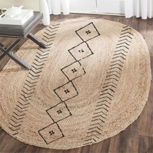 Kilim Home Boho 956 Oval Siyah Etnik Desenli Jüt Rengi Örgü Yuvarlak Natural Çift Taraflı Halı