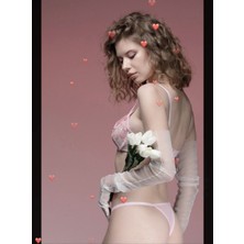 Brode Dantel Toz Pembe Çiçek Detaylı Tül Sütyen Takım