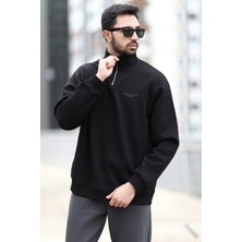 John Borners Erkek Oversize Sweatshirt Siyah Dik Yaka Yarım Fermuar Baskılı 3 İplik Şardonlu - 10010