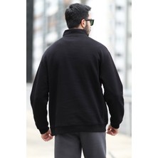 John Borners Erkek Oversize Sweatshirt Siyah Dik Yaka Yarım Fermuar Baskılı 3 İplik Şardonlu - 10010