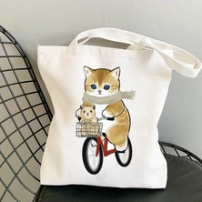 Xinrong Bisiklete Binen Kedi Sevimli ve Sevimli Baskılı Kanvas Omuz Öğrenci Alışveriş Çanta (Yurt Dışından)