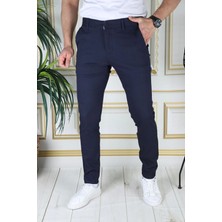 Erkek Lacivert Slim Fit Likralı Yan Cepli Armürlü Ekose Dar Kesim Esnek Şık Chino Kanvas Pantolon