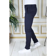 Erkek Lacivert Slim Fit Likralı Yan Cepli Armürlü Ekose Dar Kesim Esnek Şık Chino Kanvas Pantolon