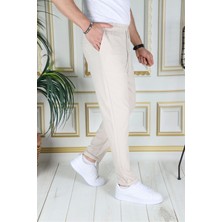Erkek Bej Italyan Kesim Kaliteli Slim Fit Likralı Lastikli Bağcıklı Duble Paça Kumaş Pantolon Okul