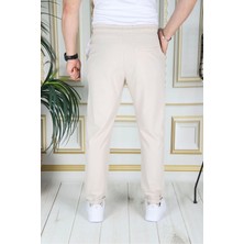 Erkek Bej Italyan Kesim Kaliteli Slim Fit Likralı Lastikli Bağcıklı Duble Paça Kumaş Pantolon Okul
