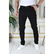 PHANTOM JEANS Erkek Siyah Yandan Cepli Armürlü Slim Fit Pantolon Dar Kesim Pantolon Esnek Chino Kanvas Keten