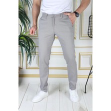 Erkek Gri Slim Fit Likralı Yan Cepli Armürlü Dar Kesim Esnek Şık Chino Kanvas Keten Pantolon