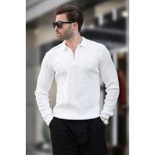 Beyaz Polo Yaka Fermuarlı Uzun Kollu Erkek Kazak 7240