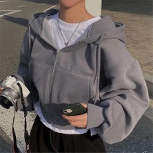 Köstebek Füme Kalın Kumaş Kapüşonlu Y2K Harajuku Crop Hırka