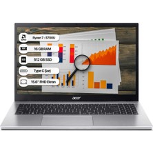 Acer Aspire 3 A315-44P Ryzen 7 5700U 16 GB 512 GB SSD Freedos 15.6" Fhd 60 Hz Taşınabilir Bilgisayar NX.KSJEY.002