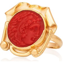 Gümüşcüm Kırmızı Taşlı Medusa Cam Baskılı Altın Kaplama Kadın Gümüş Yüzük