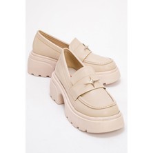 Ccway Kadın Yıldız Armalı Loafer Ayakkabı BEJ RUGAN