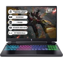 Acer Nitro 16 AN16-42 Amd R7 8845HS 64GB 1tb SSD RTX4070-8GB Dos 16" Wqxga 165Hz Taşınabilir Bilgisayar NH.QSLEY.001-64