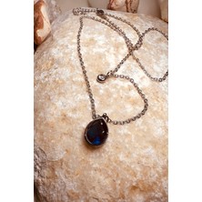 Mooni Accessories Safir Zirkon Taşlı Damla Model Gümüş Silver Renk Kadın Paslanmaz Çelik Zincir Kolye