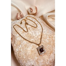 Mooni Accessories Siyah Taşlı Kare Kesim Zirkon Model Altın Gold Renk Zincir Kadın Paslanmaz Çelik Kolye