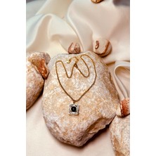 Mooni Accessories Siyah Taşlı Kare Kesim Zirkon Model Altın Gold Renk Zincir Kadın Paslanmaz Çelik Kolye