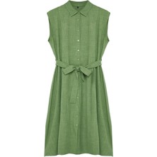 Ersefa Moda Rahat Günlük Keten Görünümlü Dokuma Gömlek Yaka Kısa Kol A-Line Midi Boy Büyük Beden Elbise