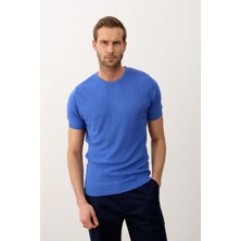 Erkek Desenli Bisiklet Yaka Slim-Fit Kalıp Ince Triko T-Shirt Saks - 5015DNGR