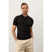 Danger Erkek Fermuarlı Slim-Fit Kalıp Polo Yaka Ince Triko T-Shirt Siyah - 5011DNGR