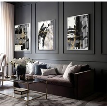 Harikabirev Antrasit Gri-Gold Modern Soyut Çalışma |Çerçeveli Cam Tablo 3lü Dikey