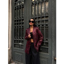 Minaaise Kadın Bordo Floş Saten Astarlı Leopar Desenli Ceket 28086