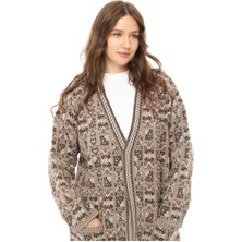 Kadın Otantik Model Kilim  Desenli Cep Detaylı Oversize Kalın Triko Hırka