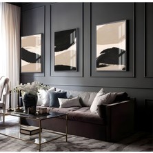 Harikabirev Bej-Siyah-Krem Soyut Abstract Kombin 2 |Çerçeveli Cam Tablo 3lü Dikey