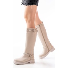 Alinn Butikk 02-307 Bej Düz Topuklu Günlük Bayan Binici Çizme