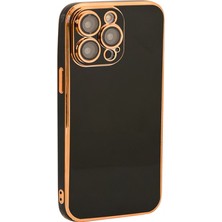 Soft Store TR Apple iPhone 14 Pro Uyumlu Kenarları Gold Kaplamalı Canlı Renkli Siyah Silikon Kılıf