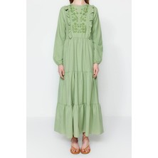 Ersefa Moda Regular Casual Günlük Chambre Dokuma Bisiklet Yaka Uzun Kol A-Line Maxi Boy Tesettür Elbise