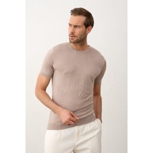 Danger Erkek Çizgili Bisiklet Yaka Slim-Fit Kalıp Ince Triko Tişört Vizon - 5013DNGR