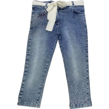 Kız Çocuk Üzeri Pembe Taş Detaylı Beli Kuşak Aksesuarlı Fermuar Kapamalı Mavi Renk Kot Pantolon