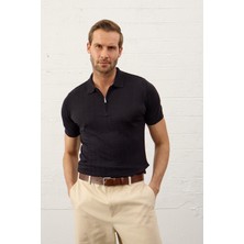 Danger Erkek Slim-Fit Kalıp Polo Yaka Yazlık Triko T-Shirt Koyu Lacivert - 5006DNGR