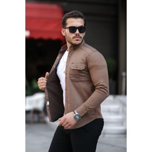 Mero Life Erkek Kahverengi Slim Fit Dar Kesim Kot Gömlek