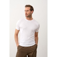 Danger Erkek Çizgili Bisiklet Yaka Slim-Fit Kalıp Ince Triko Tişört Beyaz - 5013DNGR