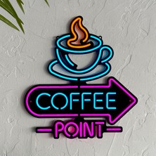 Neon Coffee Point (Kafe) Duvar Dekoru, Tablosu - Metal Üzerine Neon (Led) Duvar Panosu | 38 x 41  cm