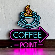 Neon Coffee Point (Kafe) Duvar Dekoru, Tablosu - Metal Üzerine Neon (Led) Duvar Panosu | 38 x 41  cm