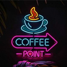 Neon Coffee Point (Kafe) Duvar Dekoru, Tablosu - Metal Üzerine Neon (Led) Duvar Panosu | 38 x 41  cm