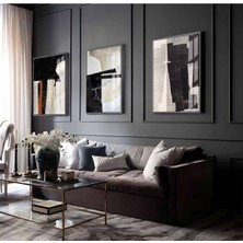 Harikabirev Gri-Krem-Siyah Soyut Abstract Kombini 03|Çerçeveli Cam Tablo 3lü Dikey