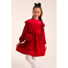 Perendi Kedi Desenli Çantalı Kız Çocuk Kadife Elbise Kırmızı