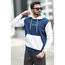 John Borners Erkek Kapüşonlu Sweatshirt Indigo Regularfit 3 İp Şardonlu Baskılı Kanguru Cepli Hoodie - 5338